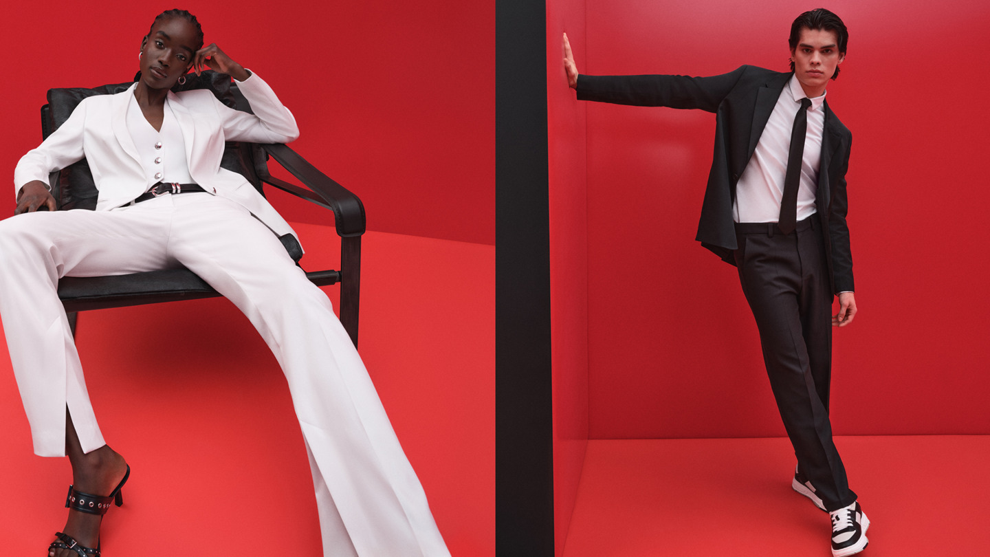 Mandlig og kvindelig model poserer i HUGO tøj. Inspirationsbillede til at købe HUGO tøj i deres outletbutik i Ringsted Designer Outlet.